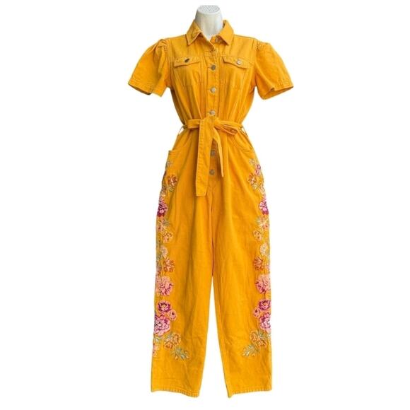 Driftwood Denim Portofino Jumpsuit M Embroidered Floral Short Sleeve Yellow - Picture 1 of 7